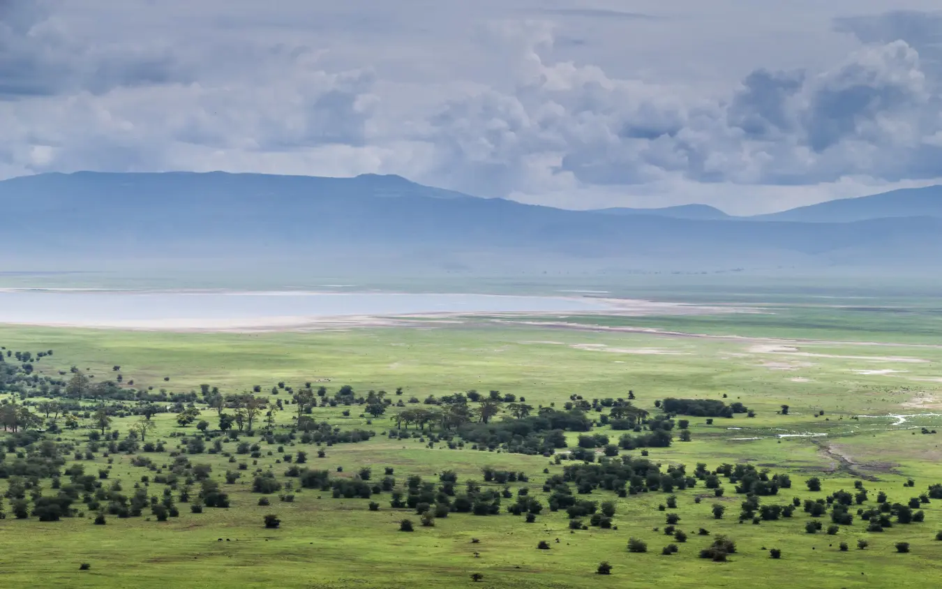 Expansive highland valley with scattered acacia trees and distant lake, Gibb’s Farm, Ngorongoro Crater, Tanzania