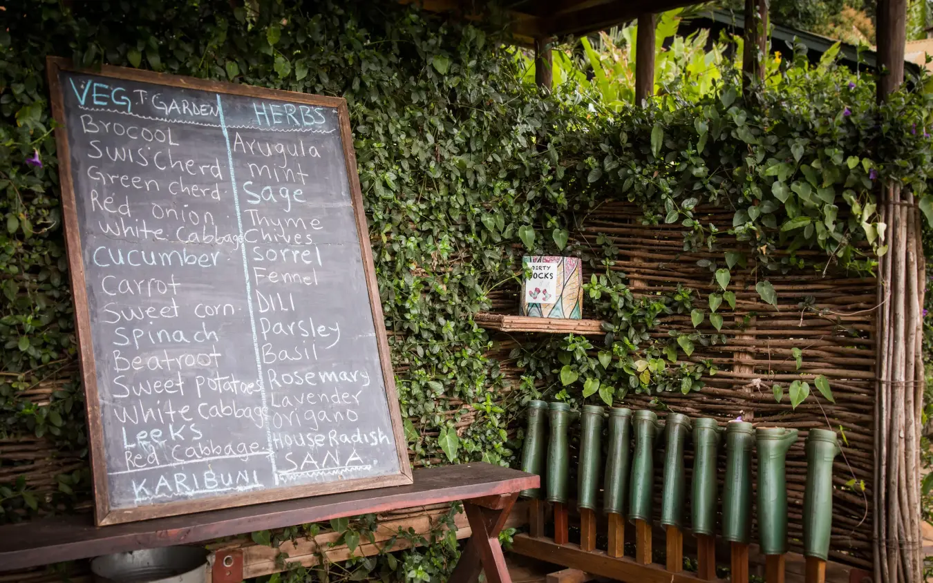 Garden produce board listing vegetables and fresh herbs, Gibb’s Farm, Ngorongoro Crater, Tanzania