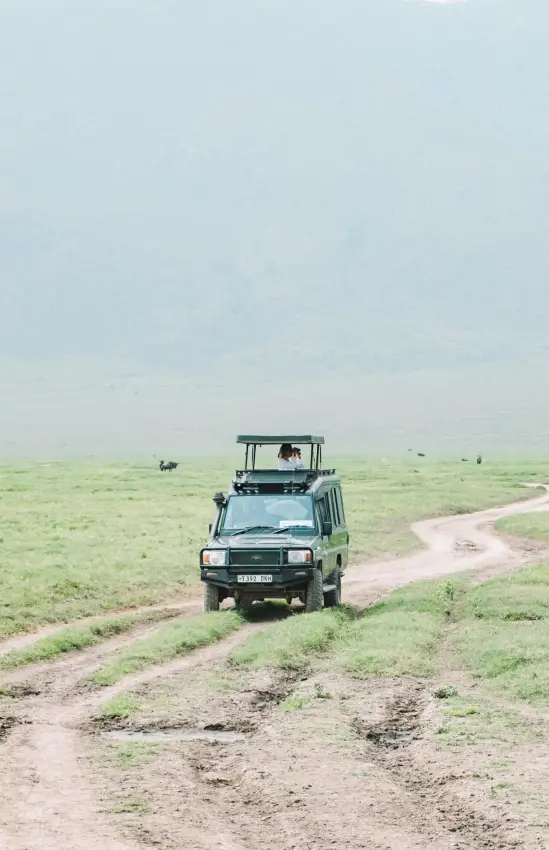 Safari vehicle driving on dirt track through grassland, Ngorongoro Crater, Tanzania
