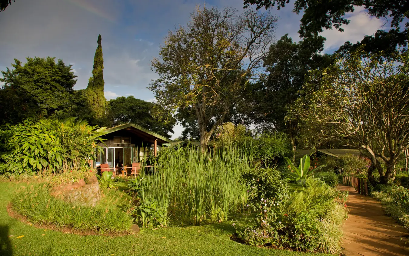 Garden pathway with wooden cabin and mature trees, Gibb’s Farm, Ngorongoro Crater, Tanzania