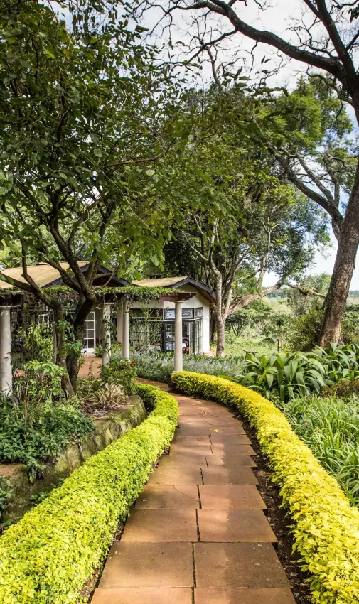 Manicured garden pathway leading to colonial-style lodge building
