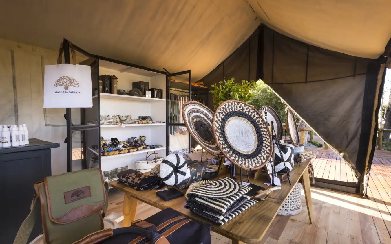 Interior view of curio shop with crafts and home decor, Gomoti Plains, The Okavango Delta, Botswana