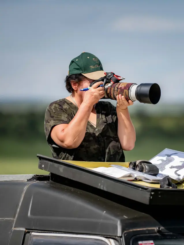 Wildlife photographer on safari vehicle roof with telephoto lens and binoculars, Governors’ Camp, Maasai Mara, Kenya