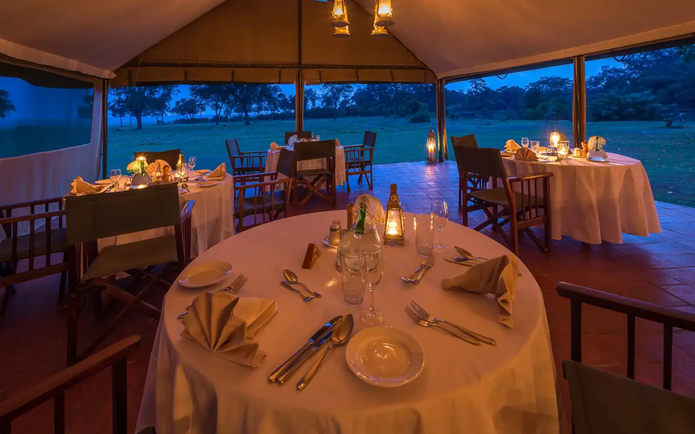 Outdoor dining tent with round tables overlooking bushland at dusk, Governors’ Camp, Maasai Mara, Kenya