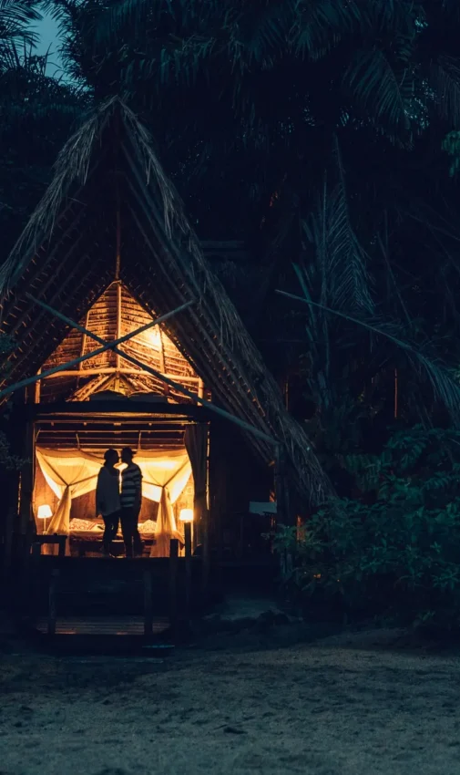 Illuminated traditional lodge cabin surrounded by dense forest at night, Greystoke Mahale, Mahale Mountains, Tanzania