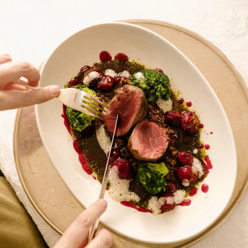Plated duck dish with berries and green sauce, Windhoek, Namibia