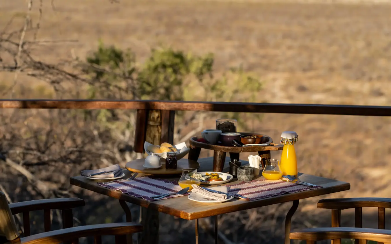 Outdoor breakfast table set with food and drinks overlooking arid landscape, Horizon by Ongava, Etosha National Park, Namibia