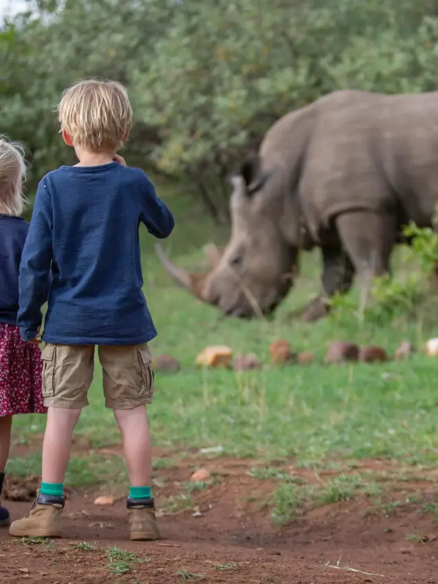 Two children watching elephant grazing in natural habitat, House In The Wild, Maasai Mara, Kenya