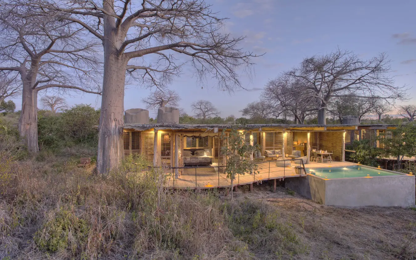 Modern wooden lodge with pool surrounded by baobab trees, Jabali Private House, Ruaha National Park, Tanzania