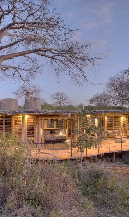 Modern lodge building with pool among baobab trees at dusk, Jabali Private House, Ruaha National Park, Tanzania