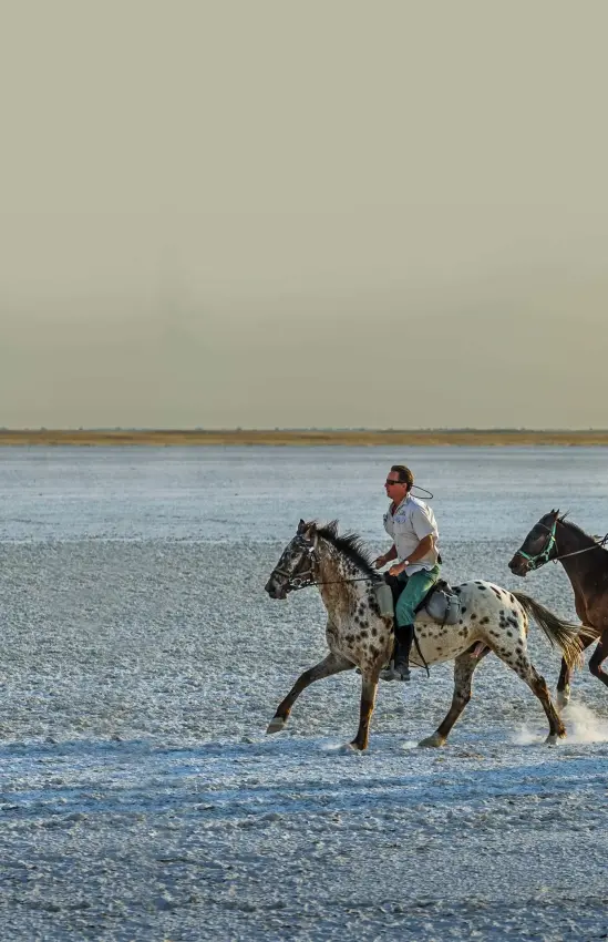 Group of riders on horseback galloping through shallow water, Jack’s Camp, Makgadikgadi Pans, Botswana