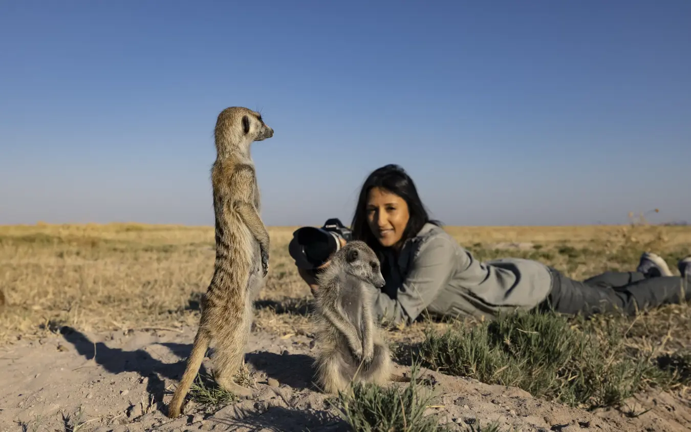 Photographer lying on ground photographing meerkat standing upright