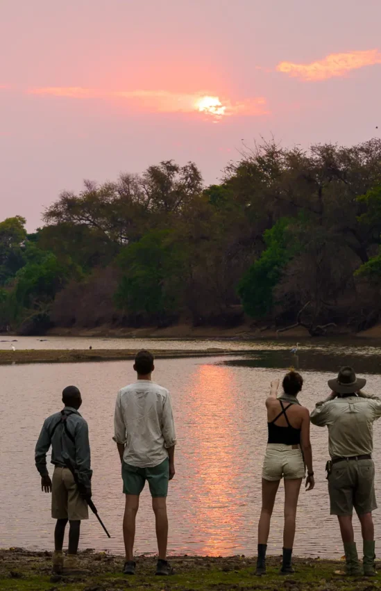 Guests standing at water's edge during sunset viewing, Mana Pools, Zimbabwe