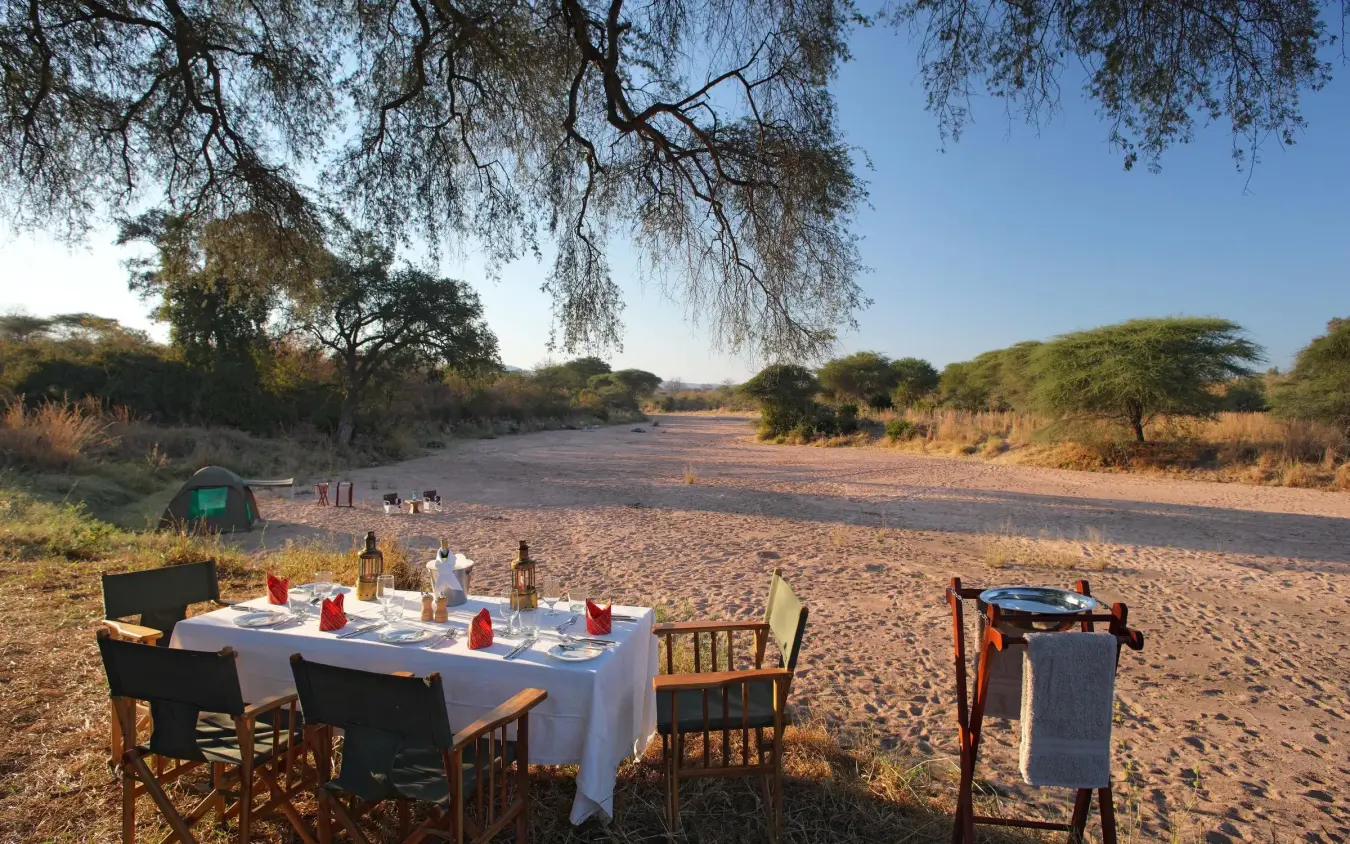 Table set for dinner on sandy riverbed under trees, Jongomero Camp, Ruaha National Park, Tanzania