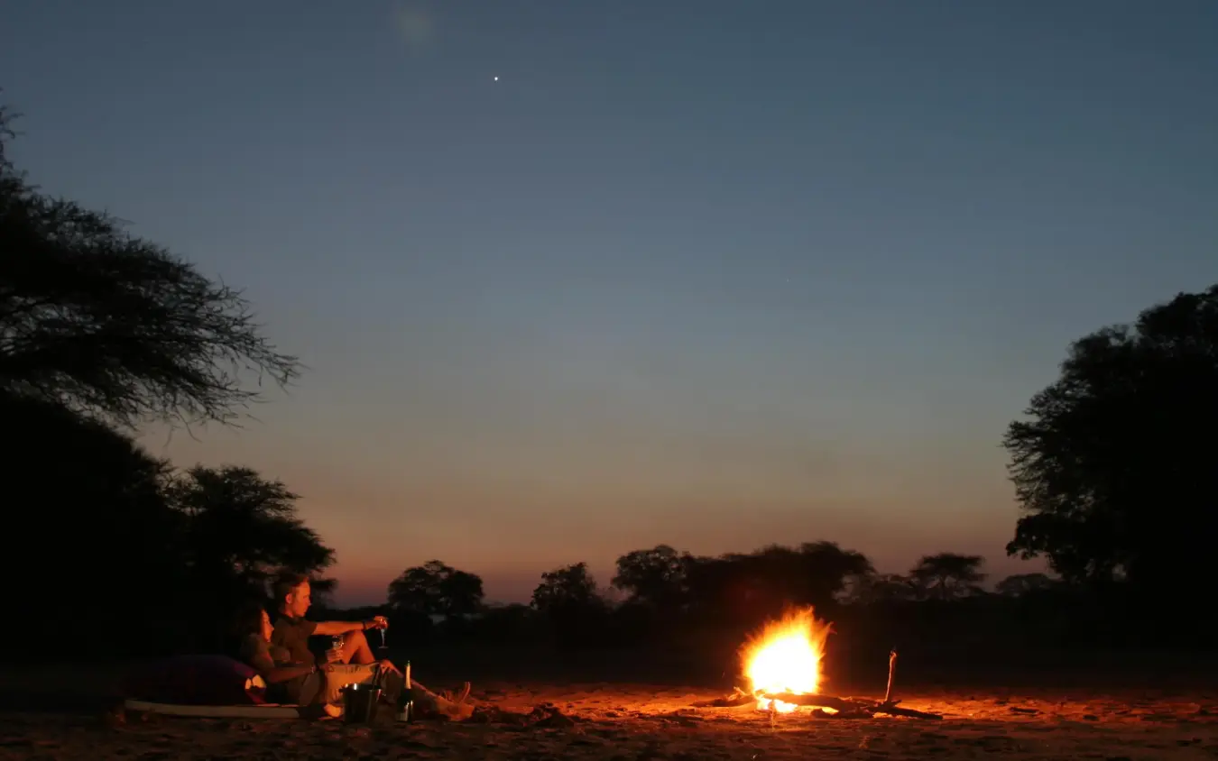 Campfire at dusk with acacia trees silhouetted, Jongomero Camp, Ruaha National Park, Tanzania