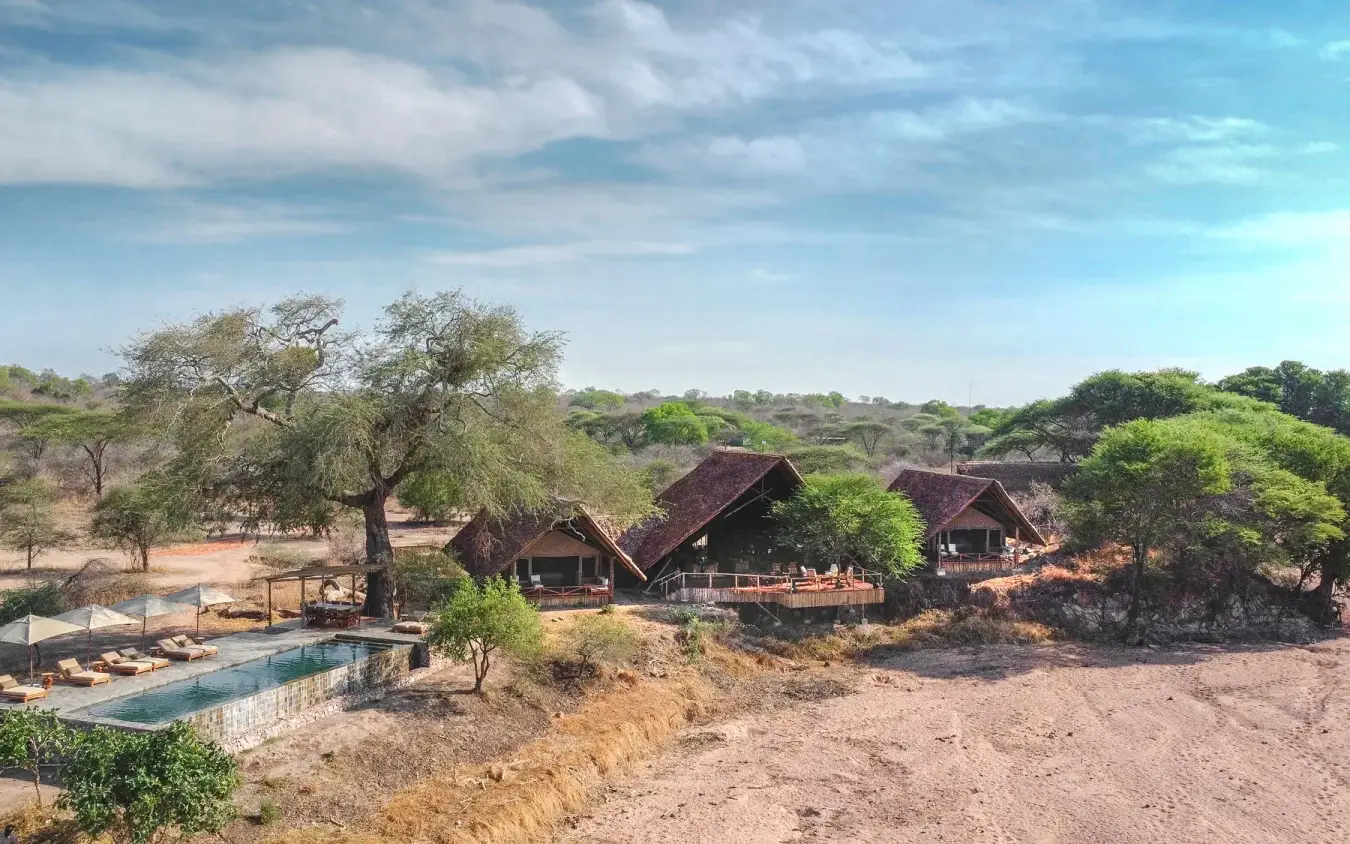 Safari lodge buildings with pool nestled in acacia woodland, Jongomero Camp, Ruaha National Park, Tanzania