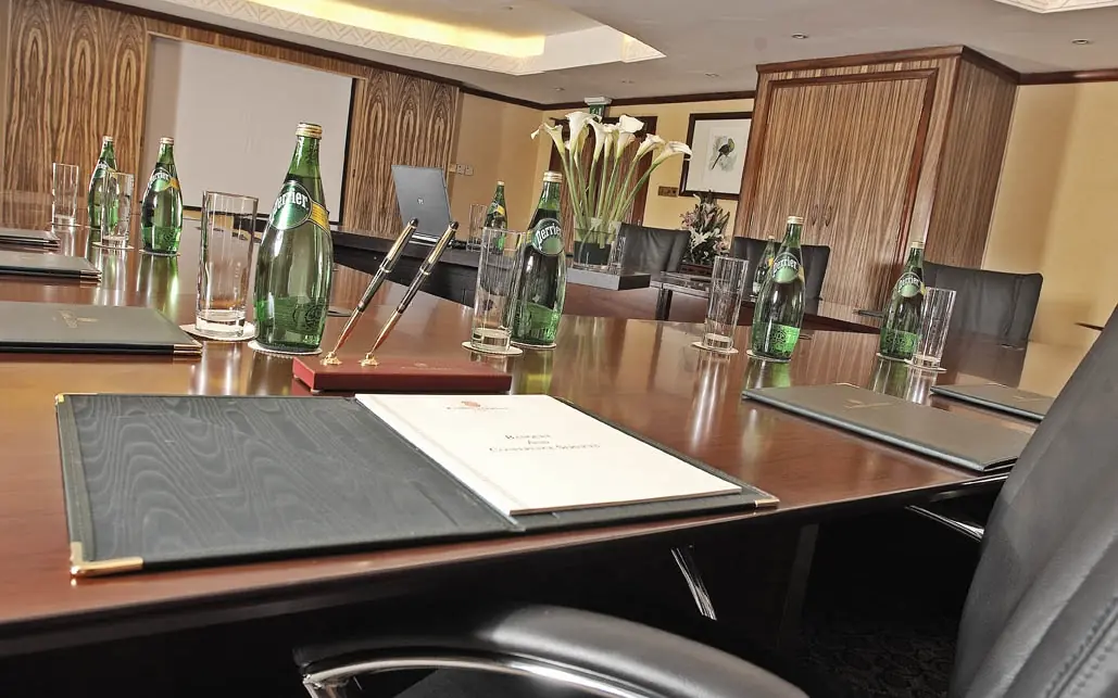 Executive boardroom with conference table and beverage service, Kampala Serena Hotel, Entebbe and Kampala, Uganda
