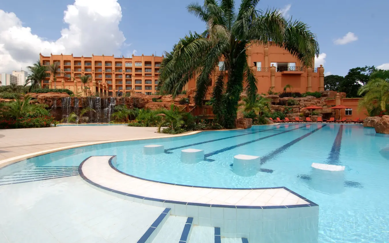 Olympic swimming pool with diving lanes at luxury resort complex, Kampala Serena Hotel, Entebbe and Kampala, Uganda