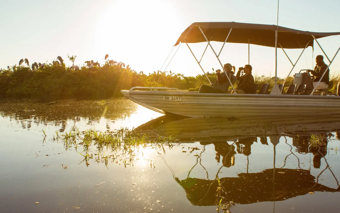 Guests on motorboat at sunrise in wetland landscape, Kanana, The Okavango Delta, Botswana