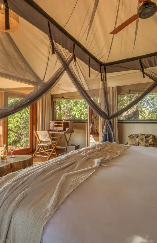Luxury bedroom with sheer canopy bed and forest views, Kanana, The Okavango Delta, Botswana