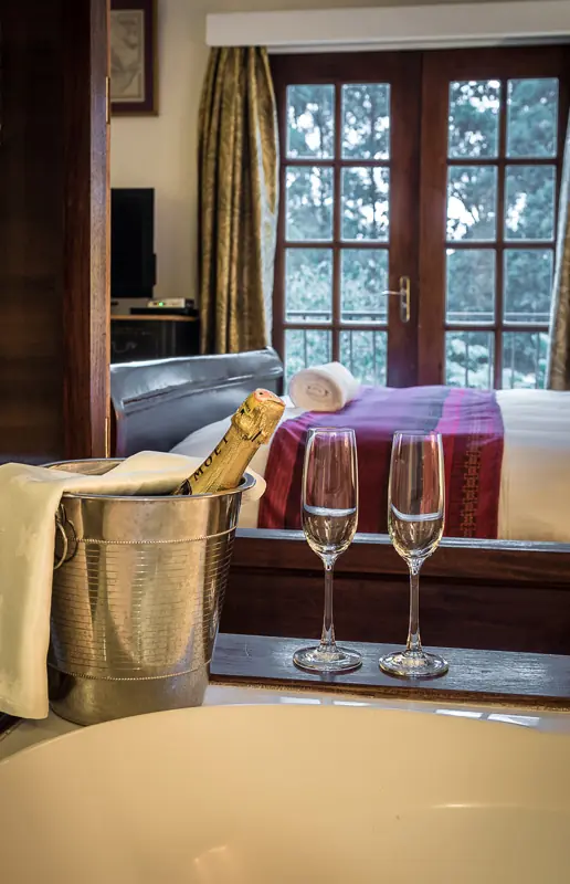 Luxury bathroom with champagne bucket and forest view, Karen Gables, Nairobi, Kenya