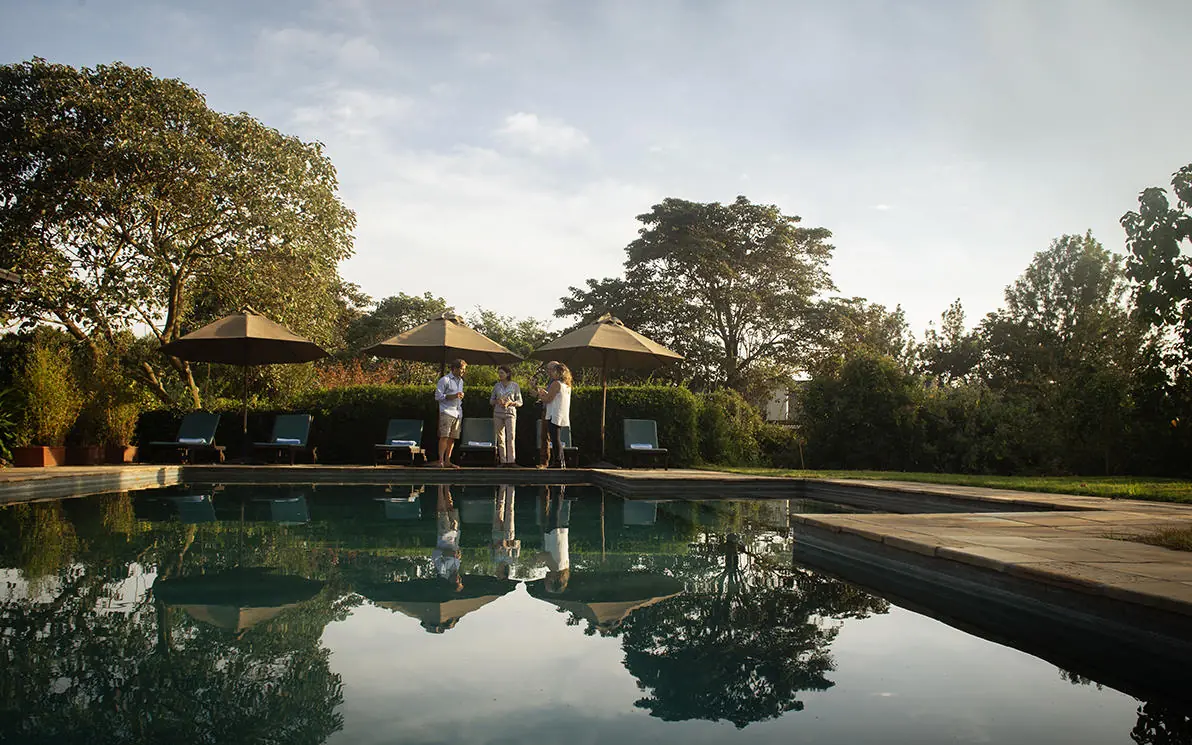 Infinity pool with umbrellas reflecting sky and trees, Katambuga House, Arusha, Tanzania