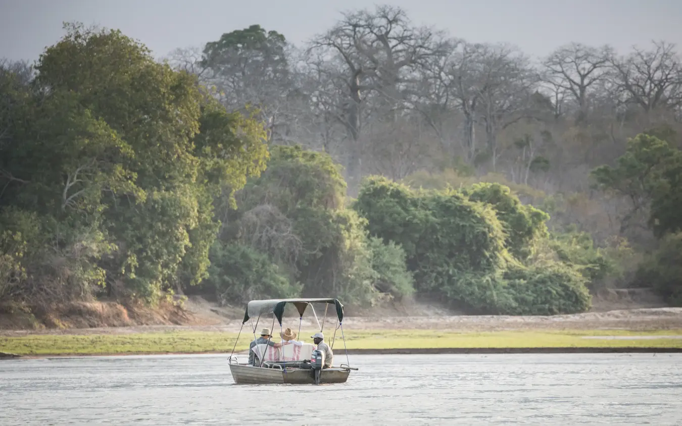 Small boat with canopy on river with forested banks, Kiba Point, Nyerere National Park, Tanzania