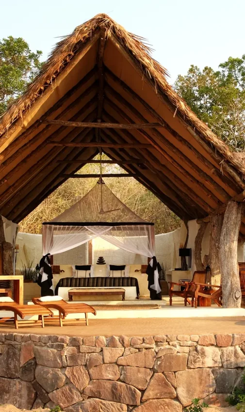 Luxury safari lodge with thatched roof and stone platform among woodland trees, Kiba Point, Nyerere National Park, Tanzania
