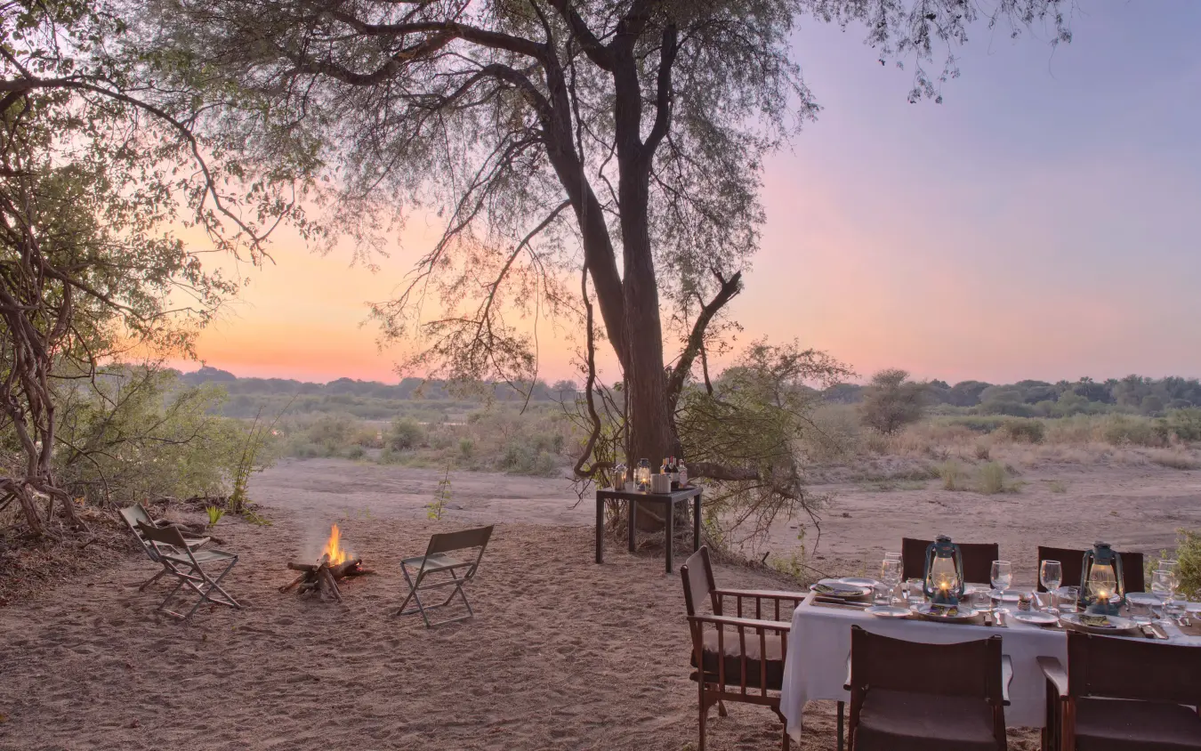 Outdoor dinner setup under acacia tree at sunset, Kichaka Expeditions, Ruaha National Park, Tanzania