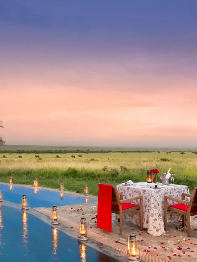 Romantic dinner setup by infinity pool overlooking savanna at dusk, Kichwa Tembo Tented Camp, Maasai Mara, Kenya