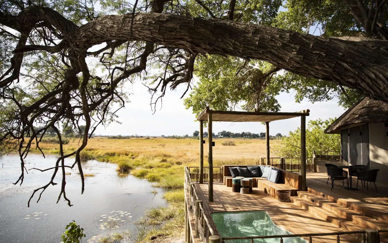 Wooden deck overlooking waterhole and savanna landscape, King’s Pool, Linyanti Wildlife Reserve, Botswana