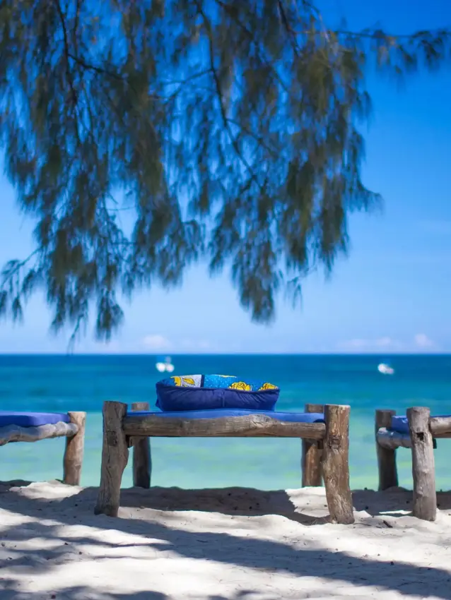 Wooden fishing boats on beach with turquoise water and overhanging tree, Kinondo Kwetu, Diani Beach, Kenya