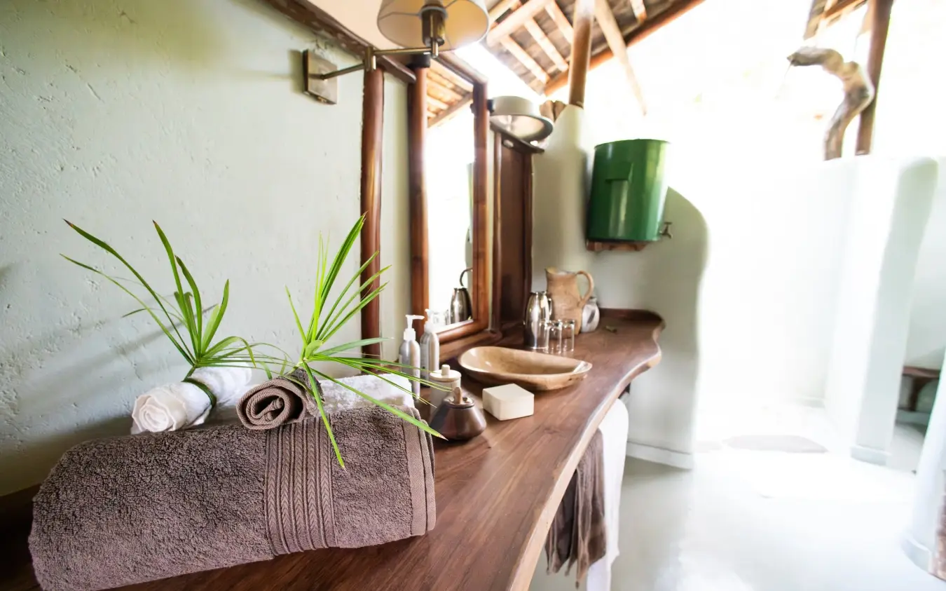Wooden vanity with mirror and decorative plant arrangement, Kitich Camp, Northern Kenya, Kenya