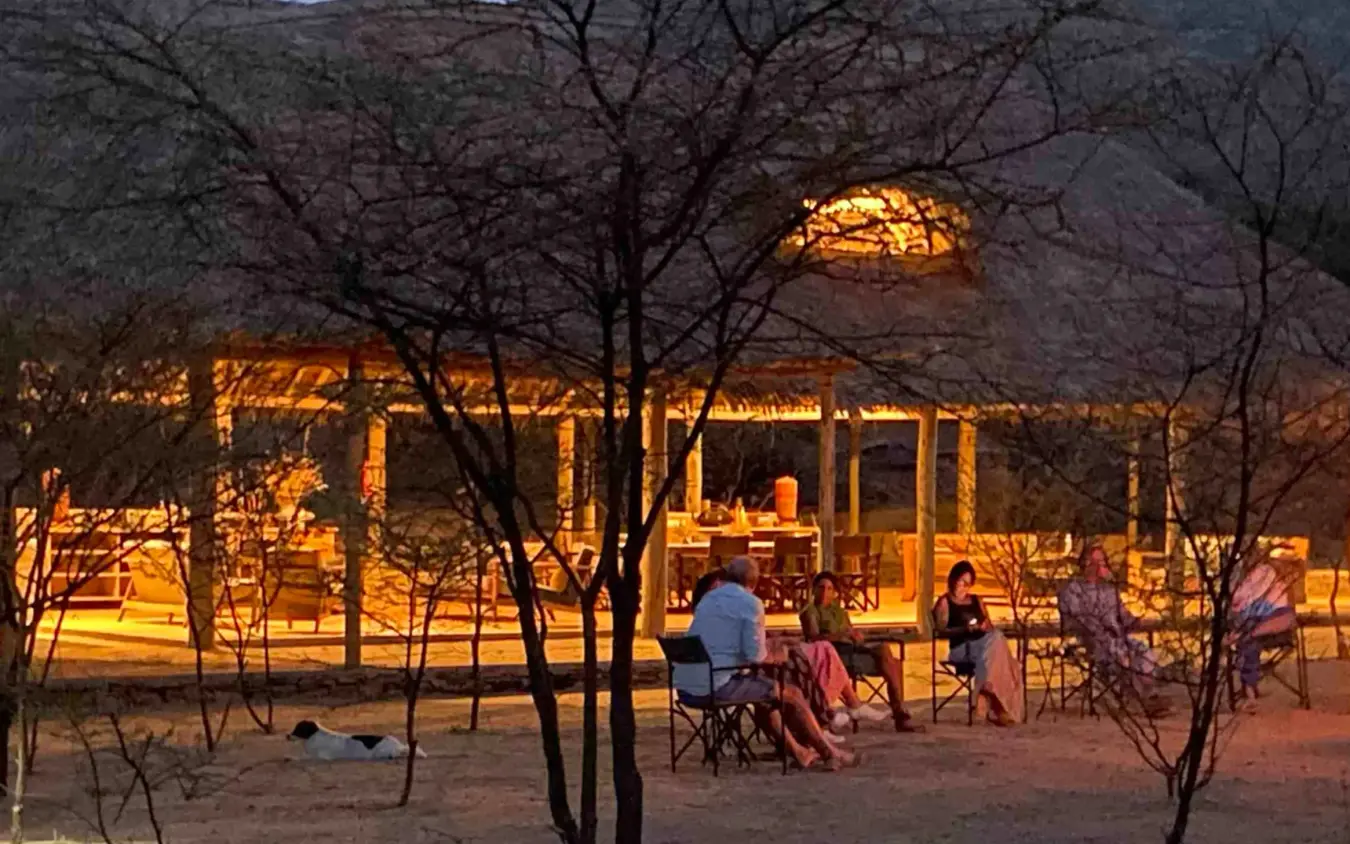 Illuminated lodge dining pavilion at dusk with bare trees, Koros Camp, Northern Kenya, Kenya