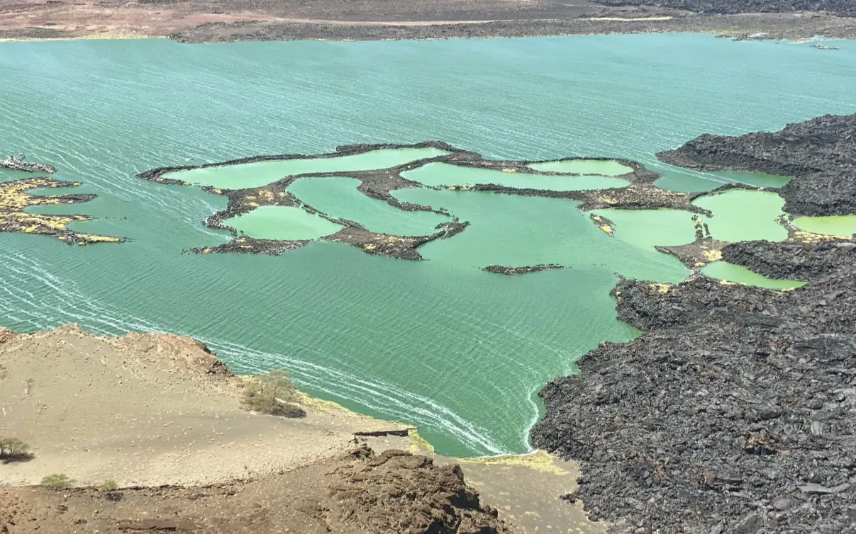 Turquoise thermal pools surrounded by dark volcanic rock formations, Koros Camp, Northern Kenya, Kenya