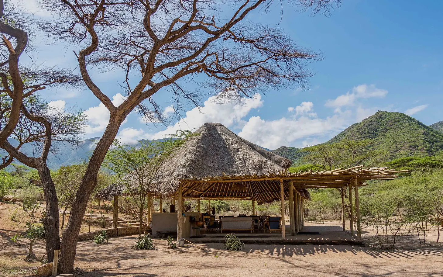 Thatched-roof lodge structure with mountain backdrop and trees, Koros Camp, Northern Kenya, Kenya