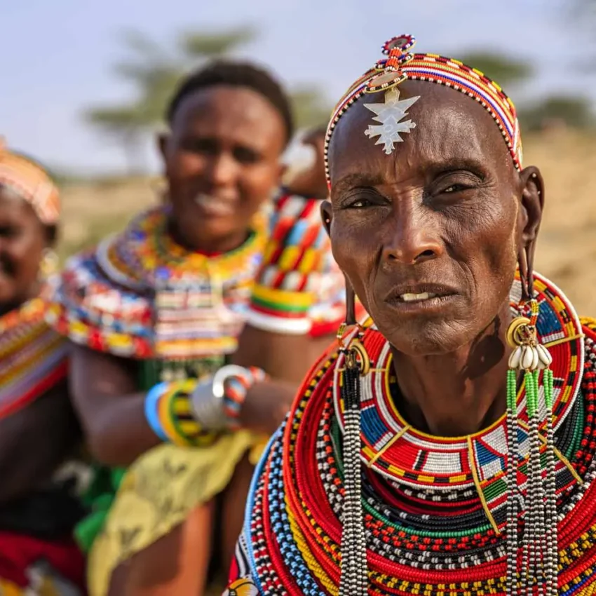 Maasai people in traditional beaded clothing and ornaments, Koros Camp, Northern Kenya, Kenya