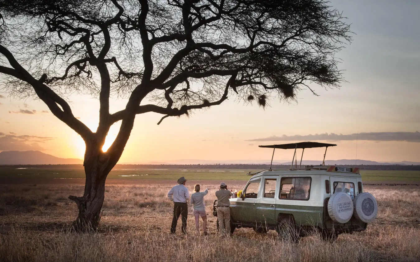 Safari vehicle with guests watching sunset under acacia tree, Kuro Tarangire, Tarangire National Park, Tanzania