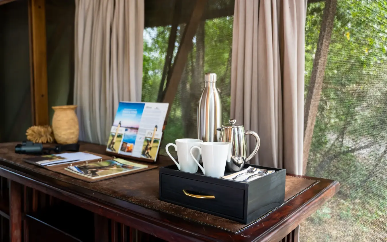 Luxury lodge desk with coffee service and forest view through curtained windows, Kwando Lebala Camp, Linyanti Wildlife Reserve, Botswana