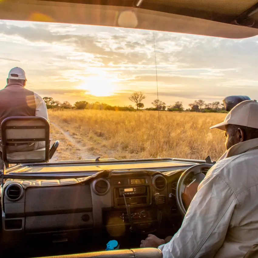 Open-air safari vehicle with guests watching sunset over golden grassland, Kwando Splash Camp, The Okavango Delta, Botswana