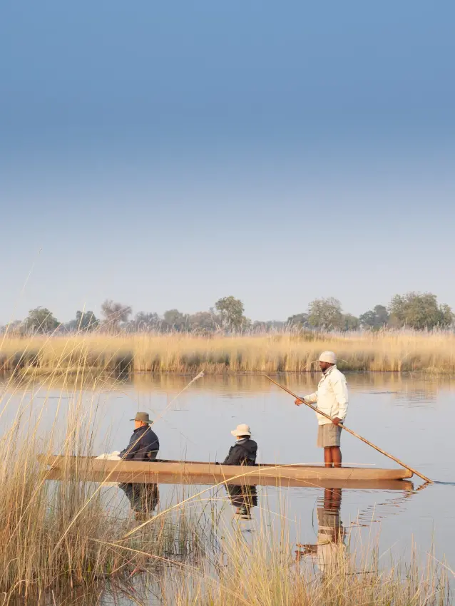 Local boatmen punting traditional wooden canoe through reed beds at waterhole, Kwando Splash Camp, The Okavango Delta, Botswana
