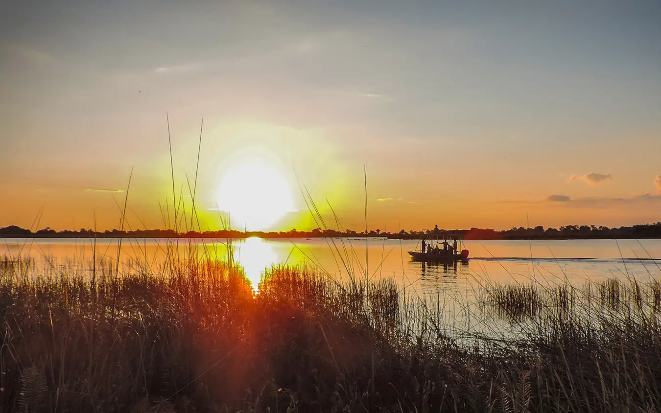 Fishing boat on waterway at sunset with tall reeds in foreground, Kwando Splash Camp, The Okavango Delta, Botswana
