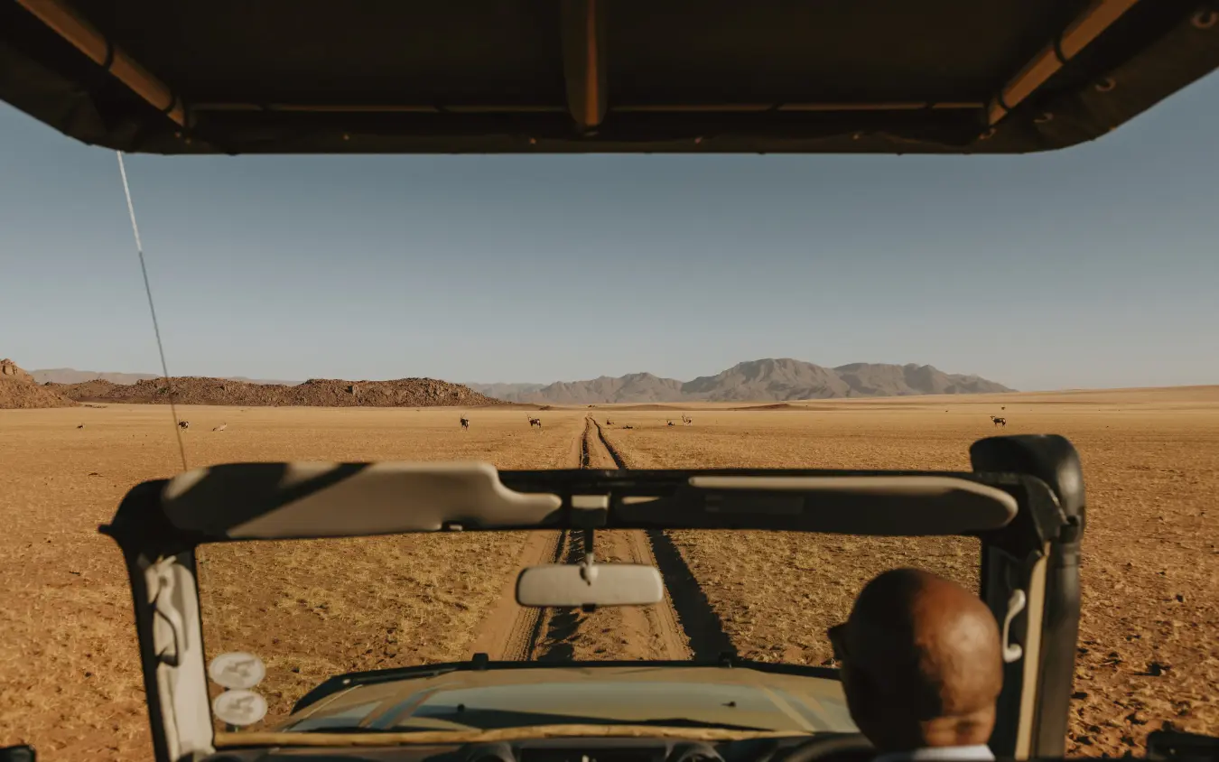 Open-top safari vehicle on game drive across arid desert plains with wildlife, Kwessi Dunes, NamibRand Private Reserve, Namibia