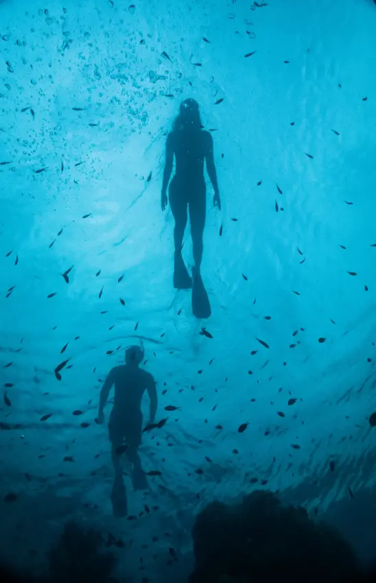 Scuba divers ascending through school of fish in blue ocean water, Laba Fanjove, Zanzibar & Pemba, Tanzania