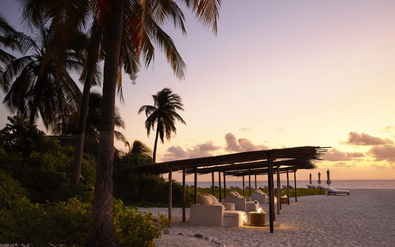 Beachfront lounge with pergola at sunset overlooking ocean, Laba Fanjove, Zanzibar & Pemba, Tanzania