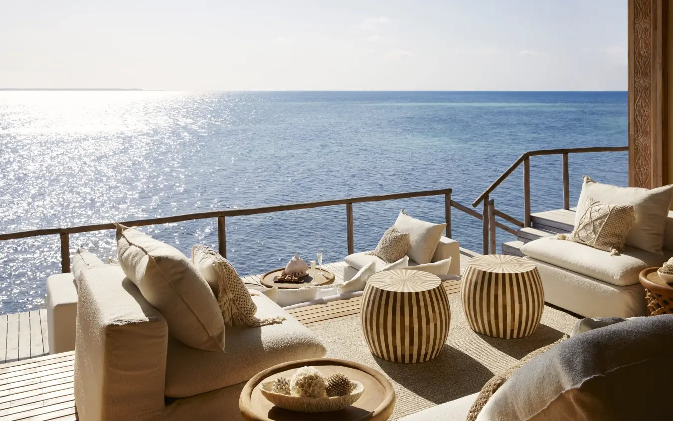 Waterfront terrace with loungers and ocean view at sunset, Laba Fanjove, Zanzibar & Pemba, Tanzania
