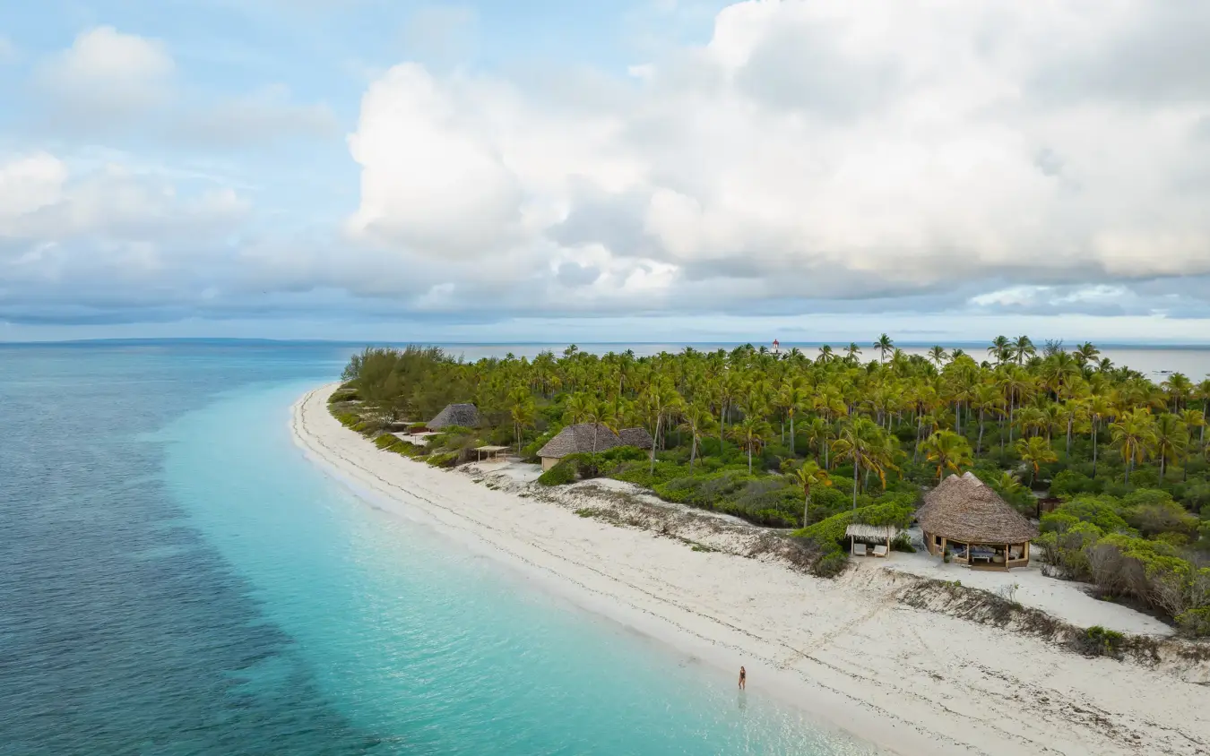 Aerial view of pristine beach with palm trees and thatched-roof structures, Laba Fanjove, Zanzibar & Pemba, Tanzania