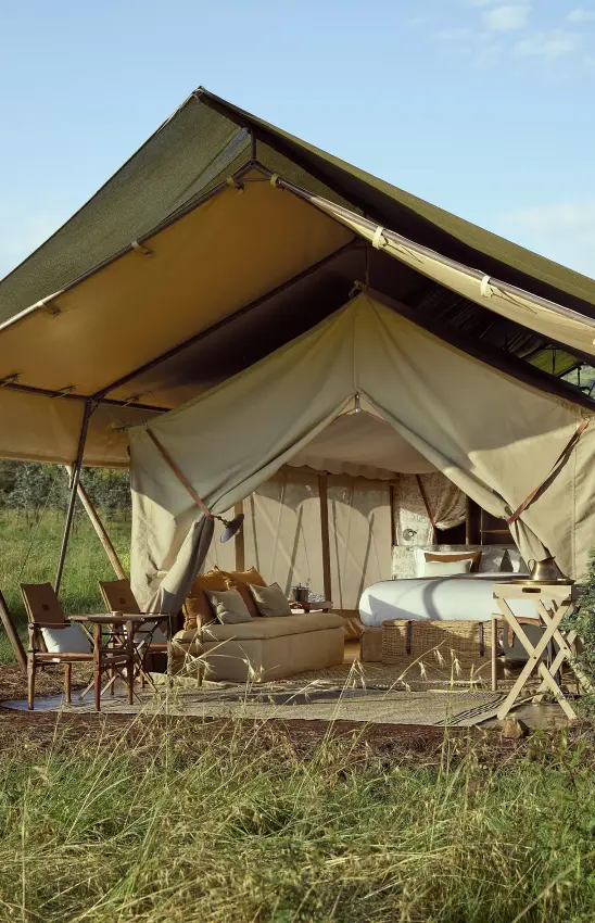 Canvas safari tent with shaded awning and seating area in grassland, Laba Migration Camp, Serengeti National Park, Tanzania