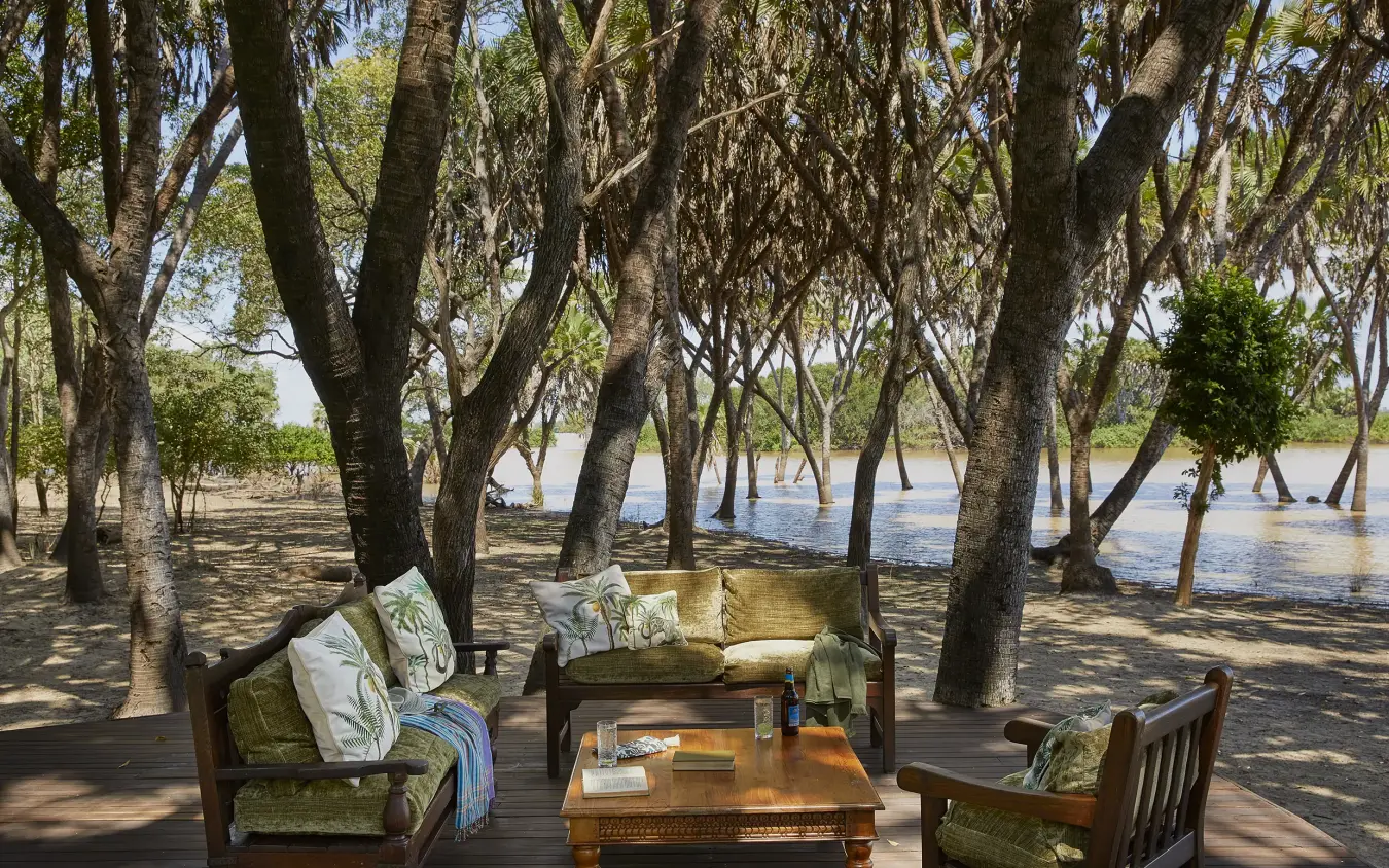 Riverside seating area beneath tall trees with flood waters visible beyond, Laba Siwandu, Nyerere National Park, Tanzania