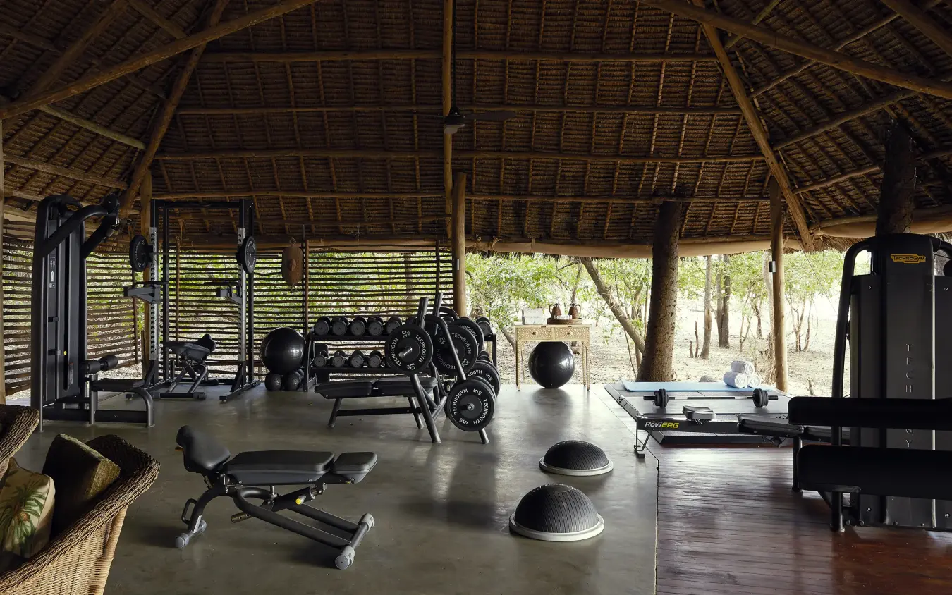 Covered outdoor fitness gym with exercise equipment overlooking woodland, Laba Siwandu, Nyerere National Park, Tanzania